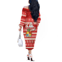 Tonga Christmas Off The Shoulder Long Sleeve Dress The Santa Coat of Arms with Ngatu and Snow Pattern LT03 - Polynesian Pride