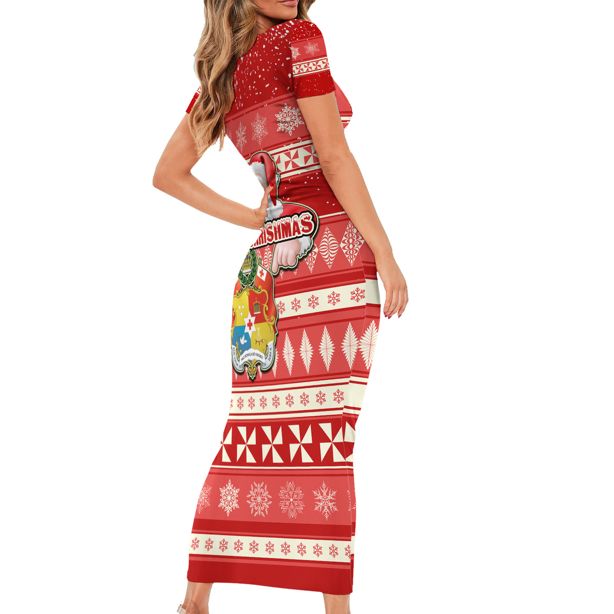 Tonga Christmas Short Sleeve Bodycon Dress The Santa Coat of Arms with Ngatu and Snow Pattern LT03 - Polynesian Pride