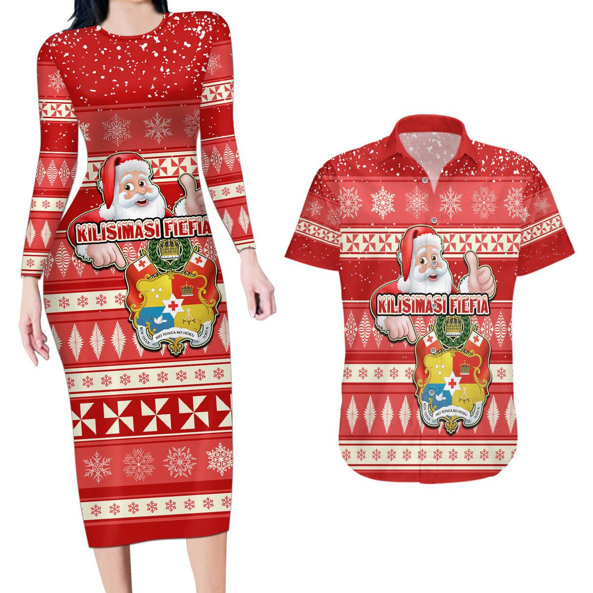 Custom Tonga Christmas Couples Matching Long Sleeve Bodycon Dress and Hawaiian Shirt The Santa Coat of Arms with Ngatu and Snow Pattern LT03 Red - Polynesian Pride