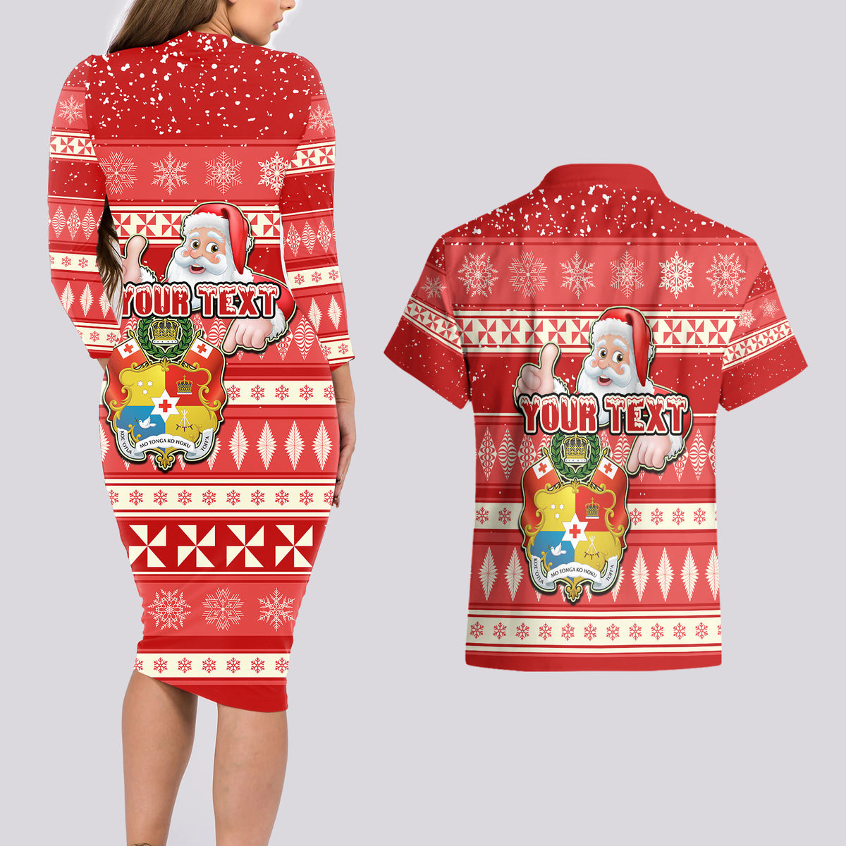 Custom Tonga Christmas Couples Matching Long Sleeve Bodycon Dress and Hawaiian Shirt The Santa Coat of Arms with Ngatu and Snow Pattern LT03 - Polynesian Pride