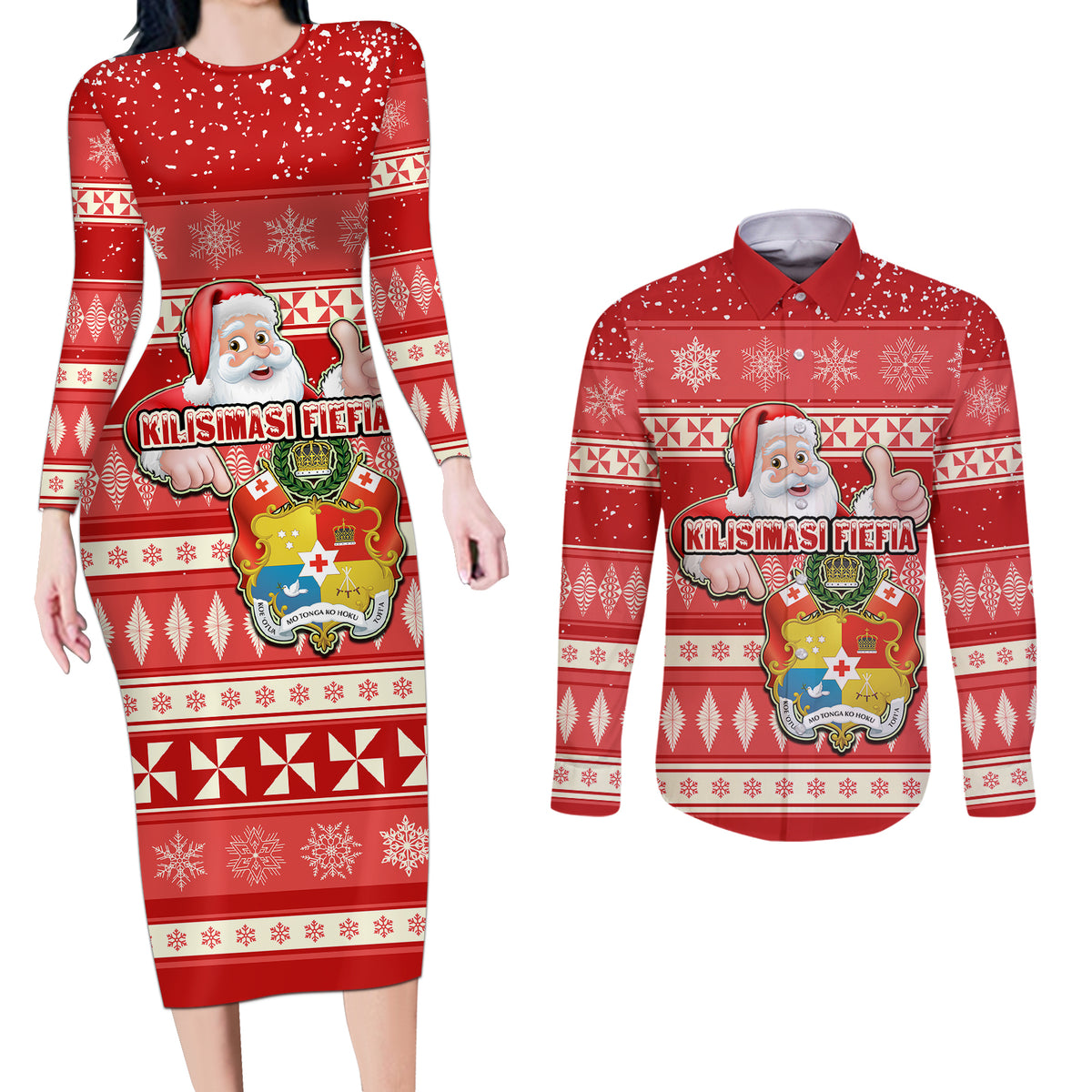 Custom Tonga Christmas Couples Matching Long Sleeve Bodycon Dress and Long Sleeve Button Shirts The Santa Coat of Arms with Ngatu and Snow Pattern LT03 Red - Polynesian Pride