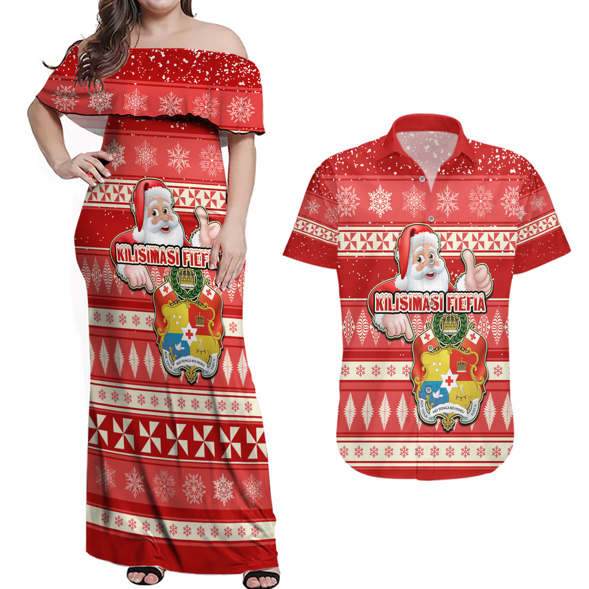 Custom Tonga Christmas Couples Matching Off Shoulder Maxi Dress and Hawaiian Shirt The Santa Coat of Arms with Ngatu and Snow Pattern LT03 Red - Polynesian Pride