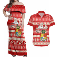 Custom Tonga Christmas Couples Matching Off Shoulder Maxi Dress and Hawaiian Shirt The Santa Coat of Arms with Ngatu and Snow Pattern LT03 Red - Polynesian Pride
