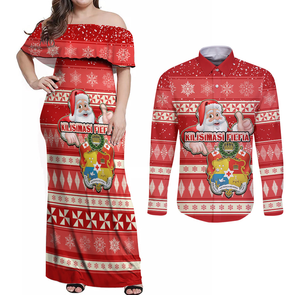 Custom Tonga Christmas Couples Matching Off Shoulder Maxi Dress and Long Sleeve Button Shirts The Santa Coat of Arms with Ngatu and Snow Pattern LT03 Red - Polynesian Pride