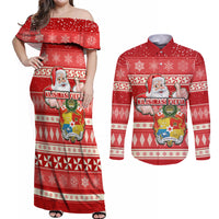 Custom Tonga Christmas Couples Matching Off Shoulder Maxi Dress and Long Sleeve Button Shirts The Santa Coat of Arms with Ngatu and Snow Pattern LT03 Red - Polynesian Pride