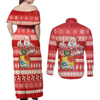 Custom Tonga Christmas Couples Matching Off Shoulder Maxi Dress and Long Sleeve Button Shirts The Santa Coat of Arms with Ngatu and Snow Pattern LT03 - Polynesian Pride