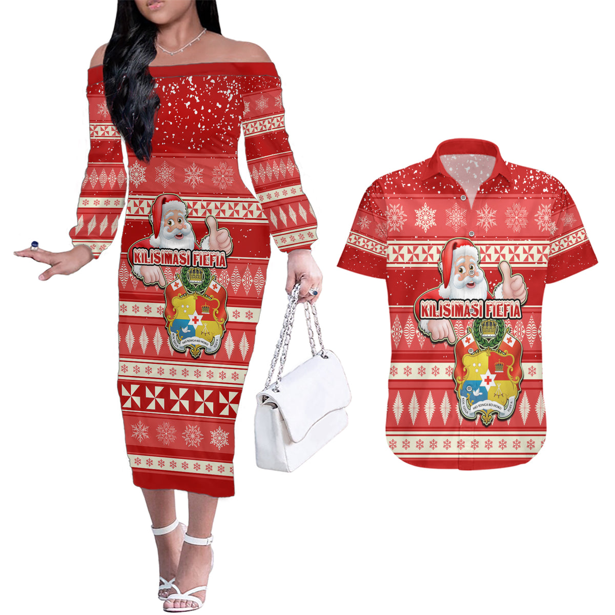 Custom Tonga Christmas Couples Matching Off The Shoulder Long Sleeve Dress and Hawaiian Shirt The Santa Coat of Arms with Ngatu and Snow Pattern LT03 Red - Polynesian Pride