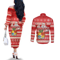 Custom Tonga Christmas Couples Matching Off The Shoulder Long Sleeve Dress and Long Sleeve Button Shirts The Santa Coat of Arms with Ngatu and Snow Pattern LT03 - Polynesian Pride