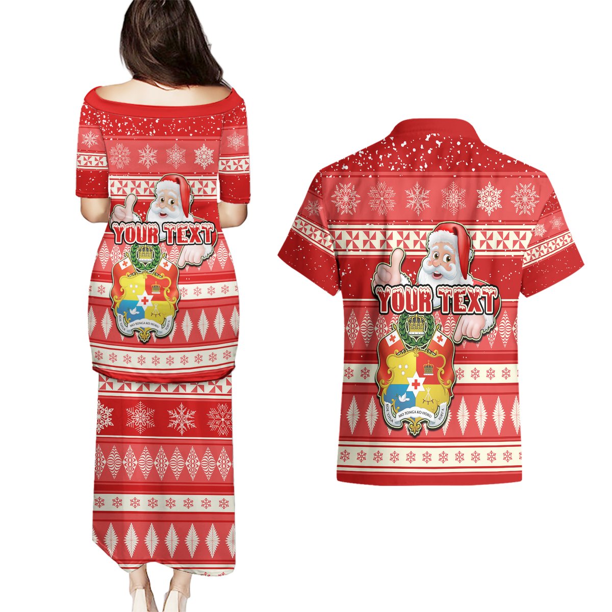 Custom Tonga Christmas Couples Matching Puletasi Dress and Hawaiian Shirt The Santa Coat of Arms with Ngatu and Snow Pattern LT03 - Polynesian Pride