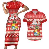 Custom Tonga Christmas Couples Matching Short Sleeve Bodycon Dress and Hawaiian Shirt The Santa Coat of Arms with Ngatu and Snow Pattern LT03 Red - Polynesian Pride