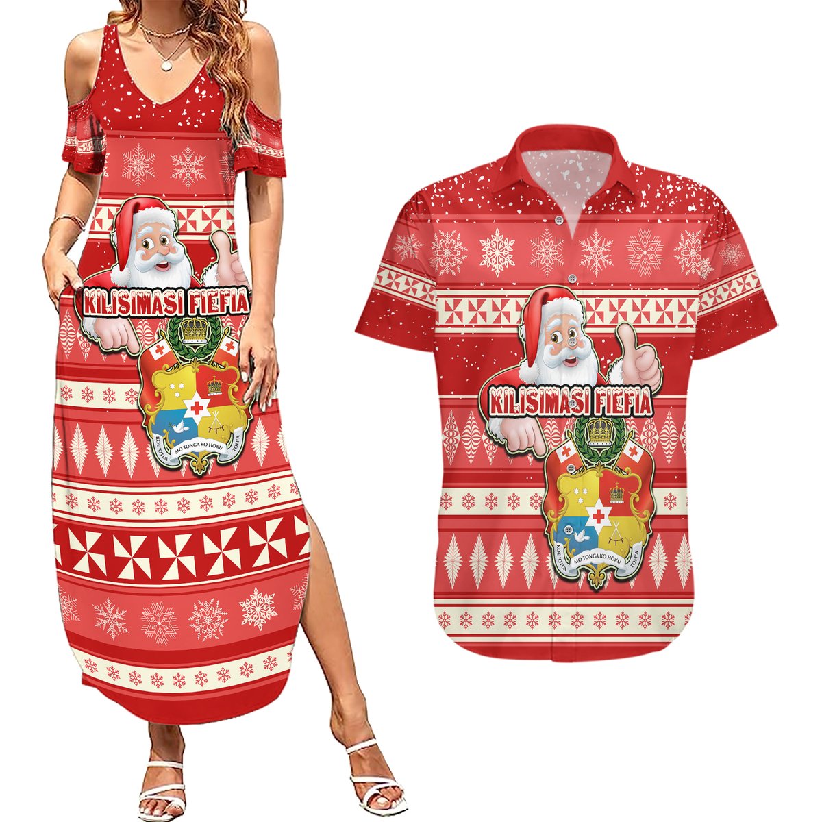 Custom Tonga Christmas Couples Matching Summer Maxi Dress and Hawaiian Shirt The Santa Coat of Arms with Ngatu and Snow Pattern LT03 Red - Polynesian Pride