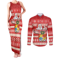 Custom Tonga Christmas Couples Matching Tank Maxi Dress and Long Sleeve Button Shirts The Santa Coat of Arms with Ngatu and Snow Pattern LT03 Red - Polynesian Pride