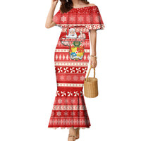 Custom Tonga Christmas Family Matching Mermaid Dress and Hawaiian Shirt The Santa Coat of Arms with Ngatu and Snow Pattern LT03 Mom's Dress Red - Polynesian Pride