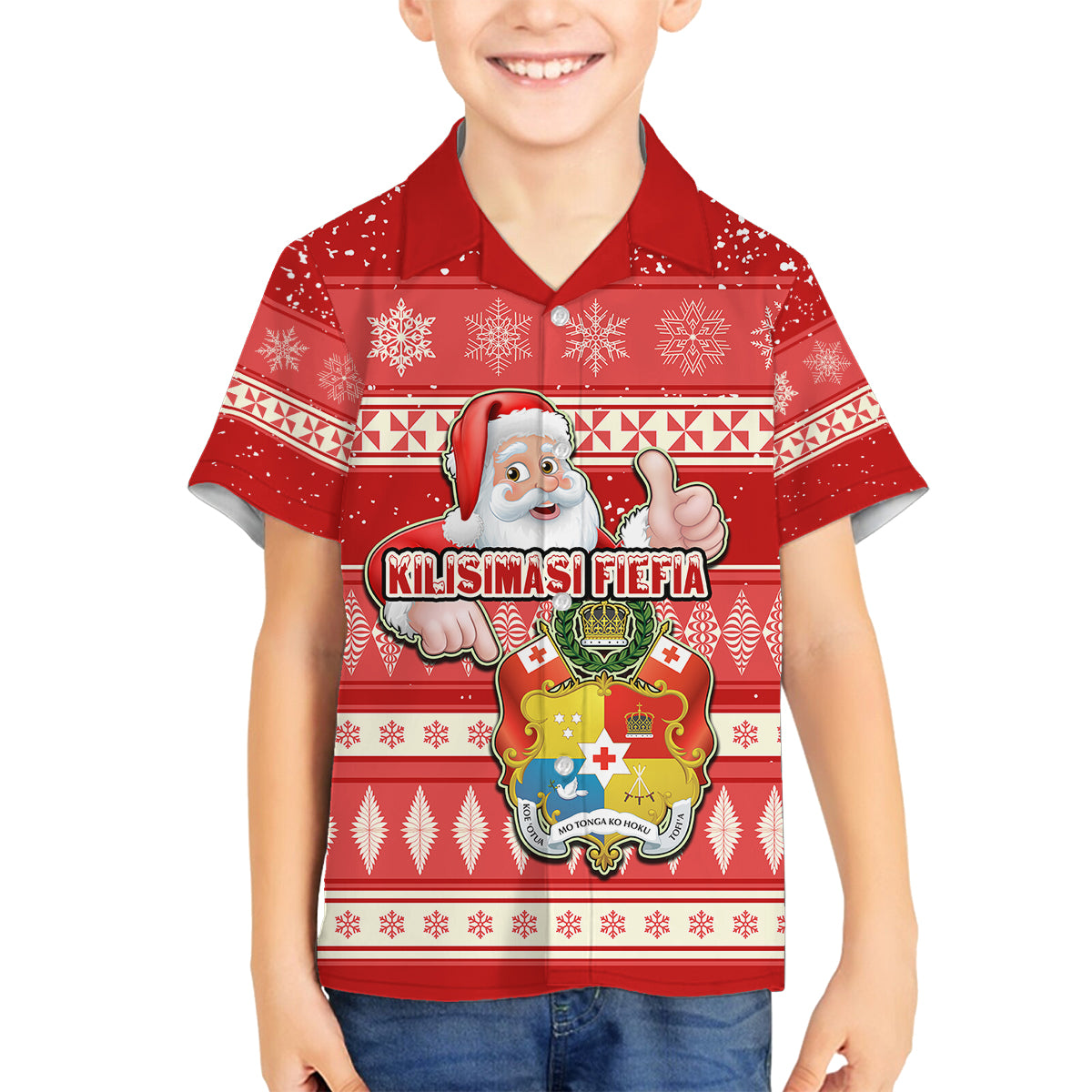 Custom Tonga Christmas Family Matching Summer Maxi Dress and Hawaiian Shirt The Santa Coat of Arms with Ngatu and Snow Pattern LT03 Son's Shirt Red - Polynesian Pride