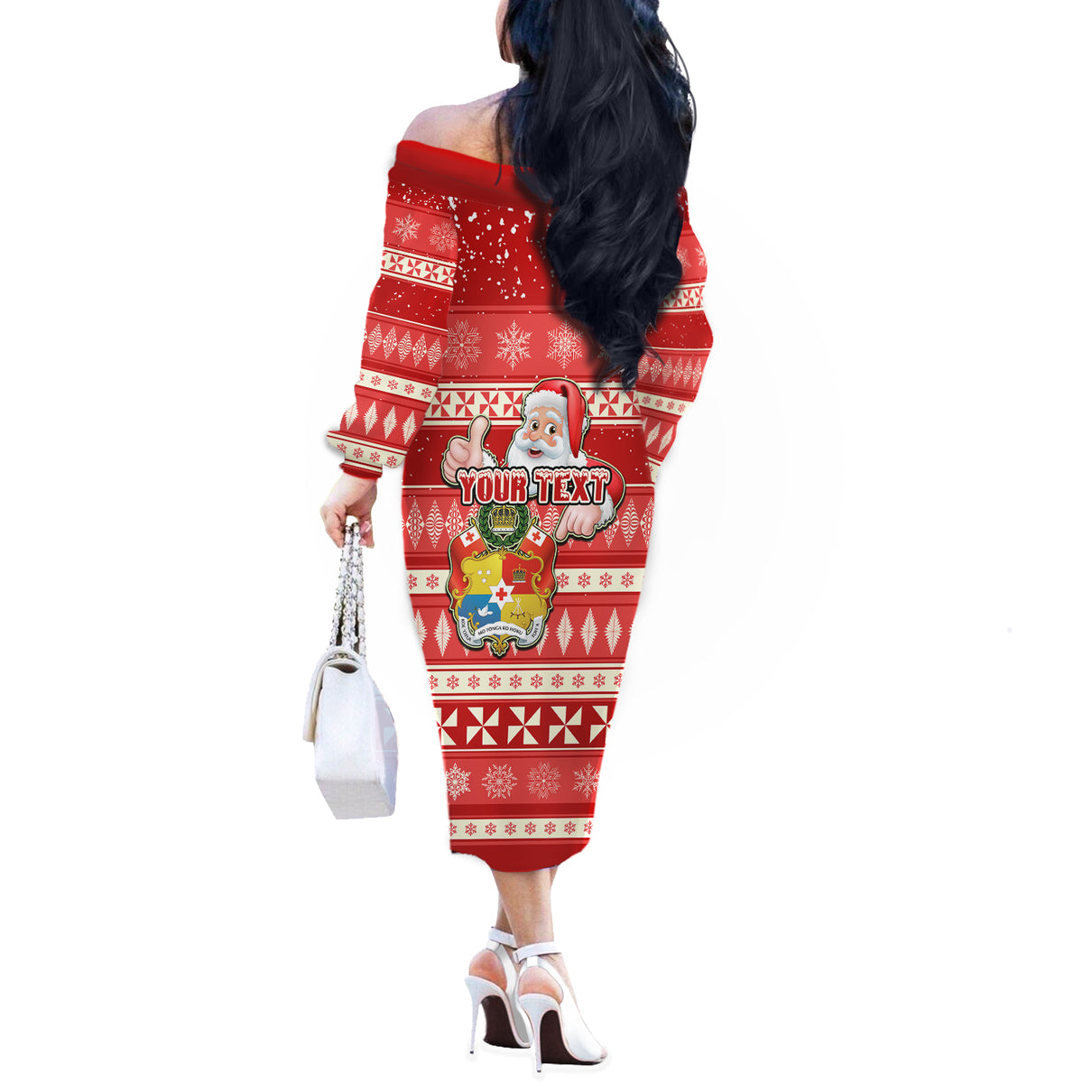 Custom Tonga Christmas Off The Shoulder Long Sleeve Dress The Santa Coat of Arms with Ngatu and Snow Pattern LT03 - Polynesian Pride