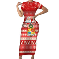 Custom Tonga Christmas Short Sleeve Bodycon Dress The Santa Coat of Arms with Ngatu and Snow Pattern LT03 Long Dress Red - Polynesian Pride