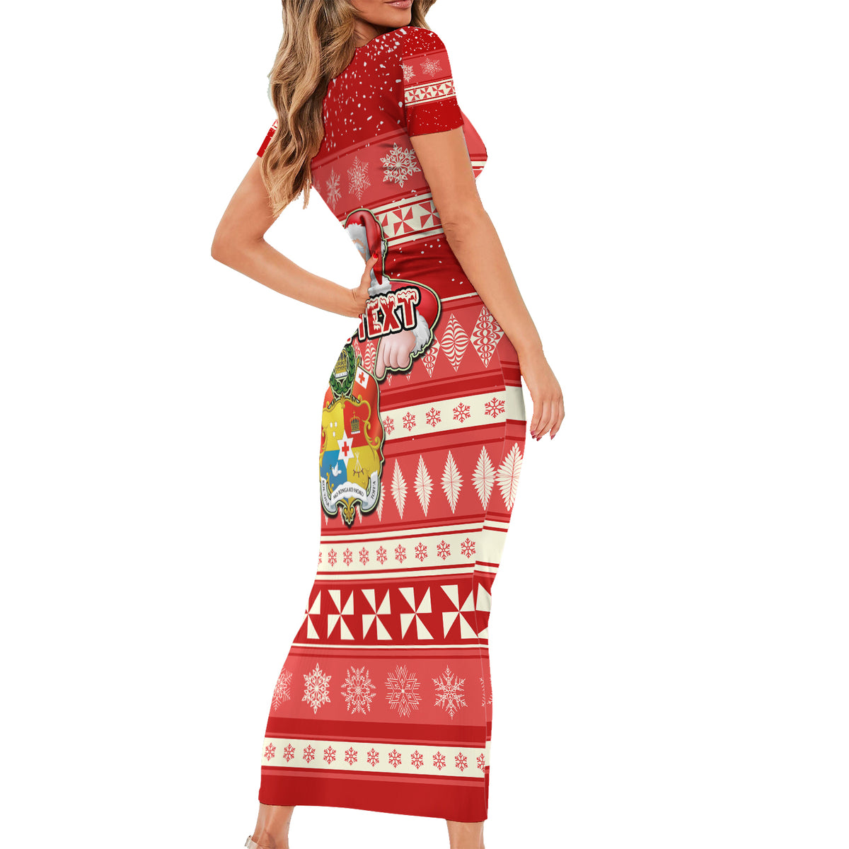 Custom Tonga Christmas Short Sleeve Bodycon Dress The Santa Coat of Arms with Ngatu and Snow Pattern LT03 - Polynesian Pride