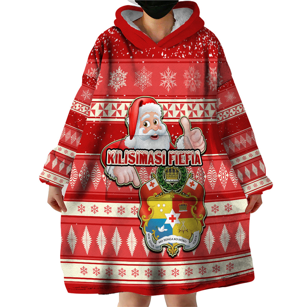 Custom Tonga Christmas Wearable Blanket Hoodie The Santa Coat of Arms with Ngatu and Snow Pattern LT03 - Polynesian Pride