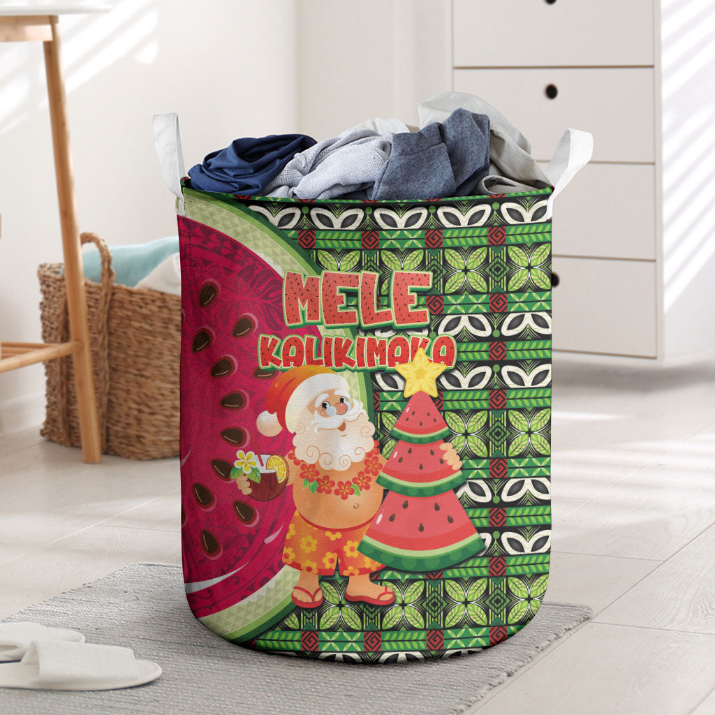 Hawaii Watermelon Mele Kalikimaka Laundry Basket Tribal Pacific Pattern with Tropical Funny Santa Claus