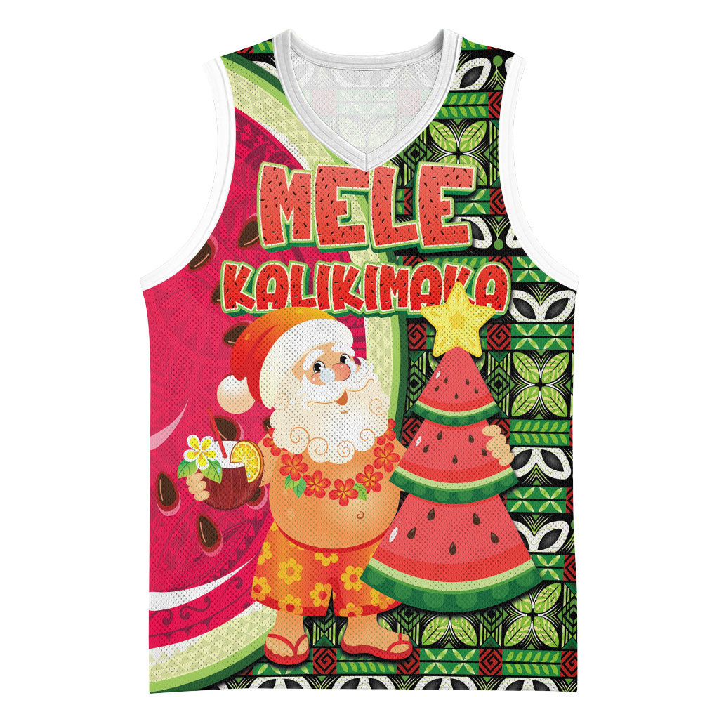 Hawaii Watermelon Mele Kalikimaka Basketball Jersey Tribal Pacific Pattern with Tropical Funny Santa Claus LT03 Unisex Multicolor - Polynesian Pride