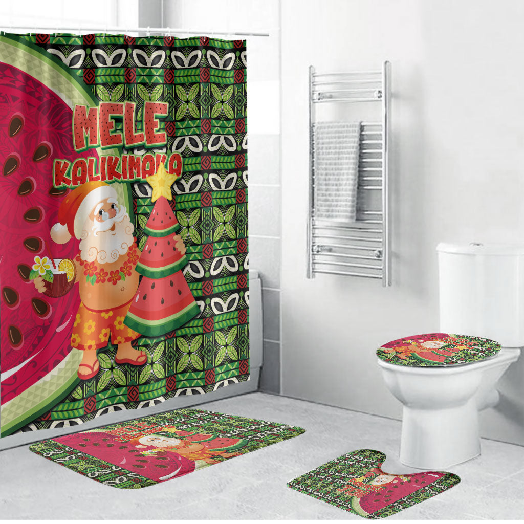 Hawaii Watermelon Mele Kalikimaka Bathroom Set Tribal Pacific Pattern with Tropical Funny Santa Claus