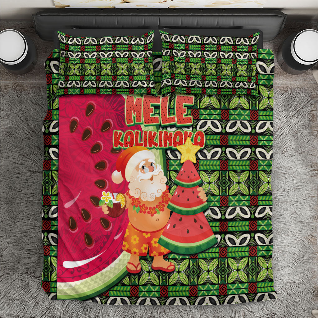 Hawaii Watermelon Mele Kalikimaka Bedding Set Tribal Pacific Pattern with Tropical Funny Santa Claus