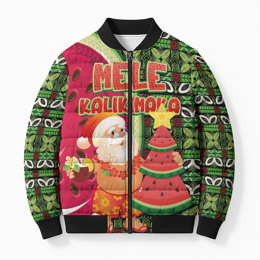 Hawaii Watermelon Mele Kalikimaka Bomber Puffer Jacket Tribal Pacific Pattern with Tropical Funny Santa Claus