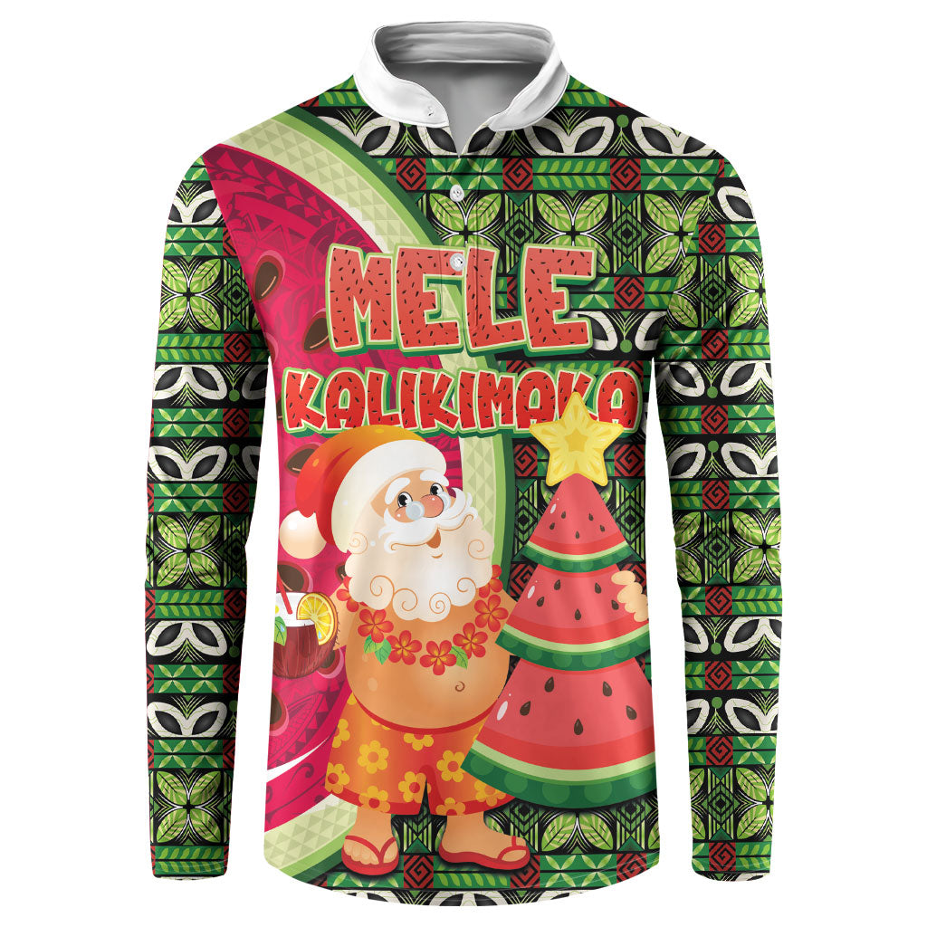Hawaii Watermelon Mele Kalikimaka Button Sweatshirt Tribal Pacific Pattern with Tropical Funny Santa Claus