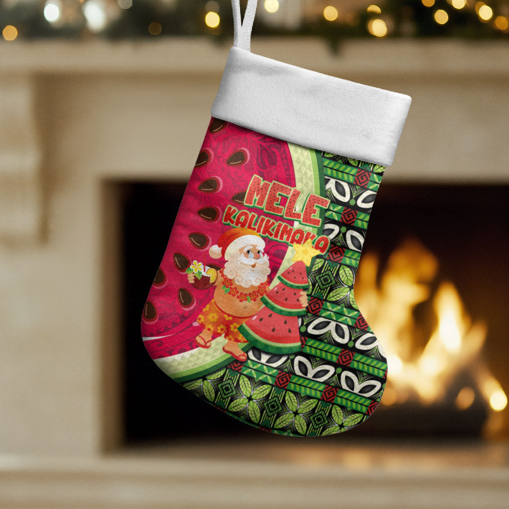 Hawaii Watermelon Mele Kalikimaka Christmas Stocking Tribal Pacific Pattern with Tropical Funny Santa Claus