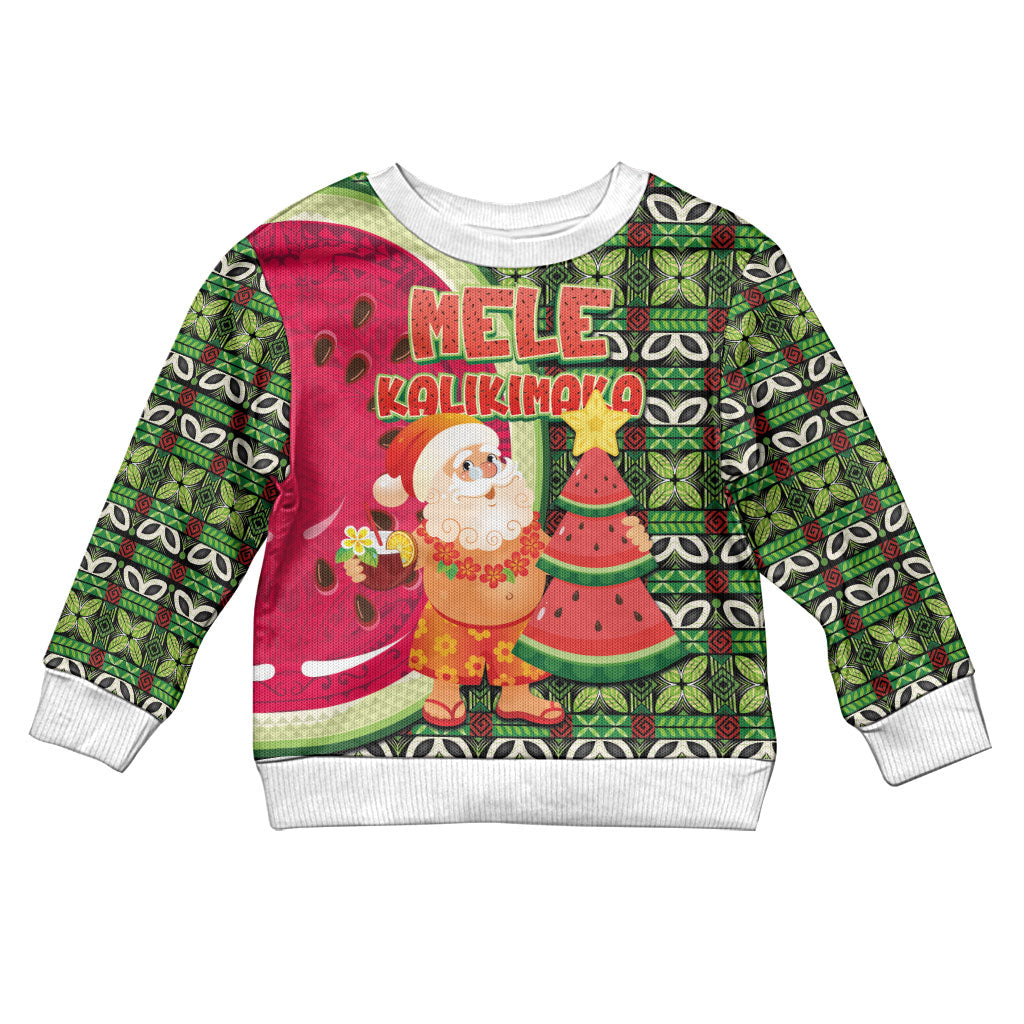 Hawaii Watermelon Mele Kalikimaka Kid Ugly Christmas Sweater Tribal Pacific Pattern with Tropical Funny Santa Claus