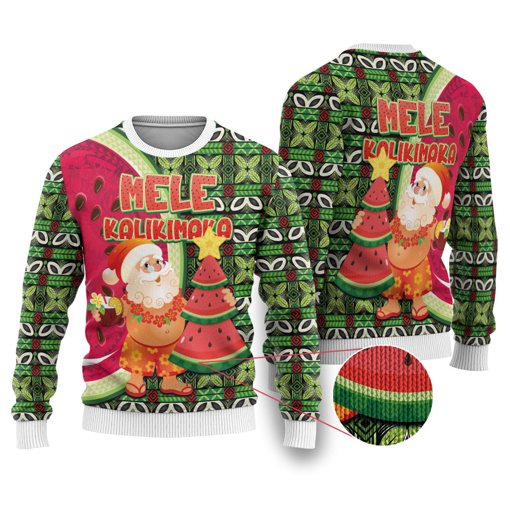 Hawaii Watermelon Mele Kalikimaka Ugly Christmas Sweater Tribal Pacific Pattern with Tropical Funny Santa Claus