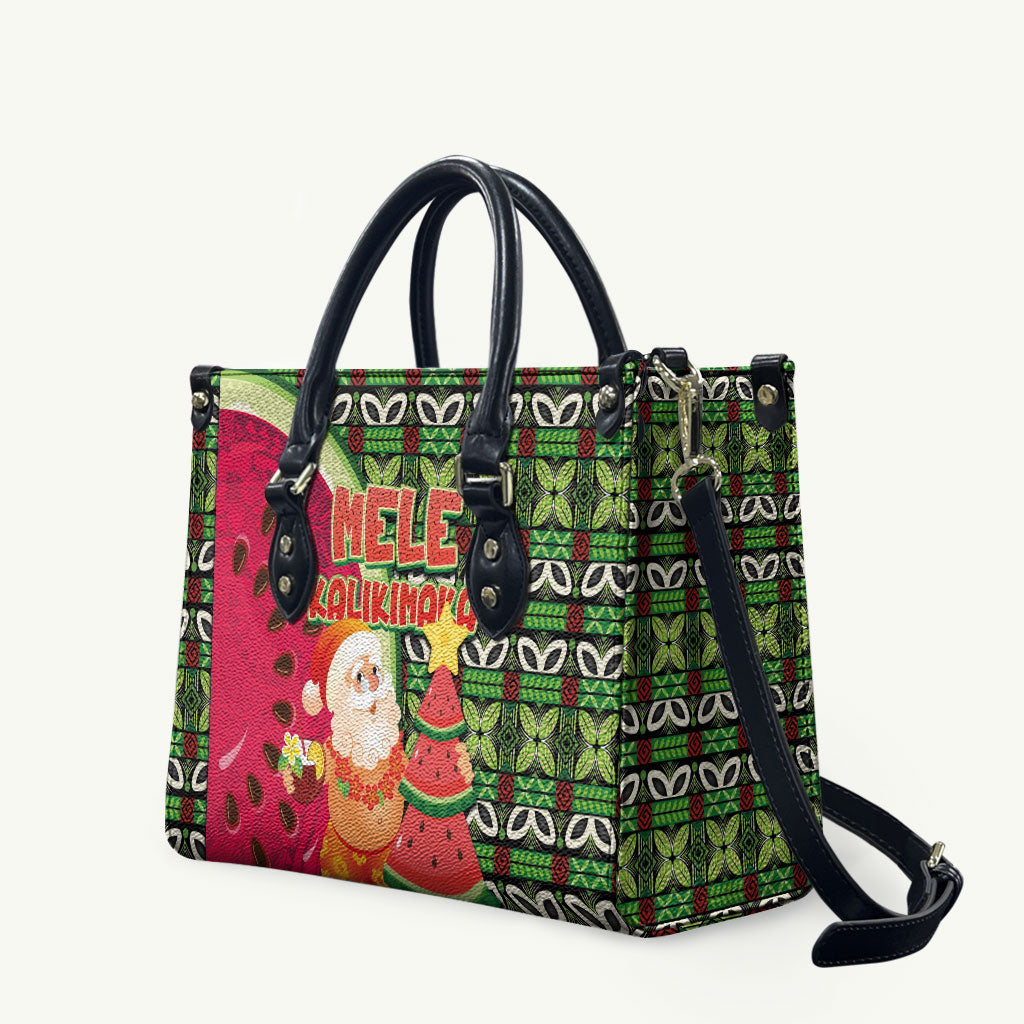 Hawaii Watermelon Mele Kalikimaka Leather Bag Tribal Pacific Pattern with Tropical Funny Santa Claus LT03 Multicolor - Polynesian Pride