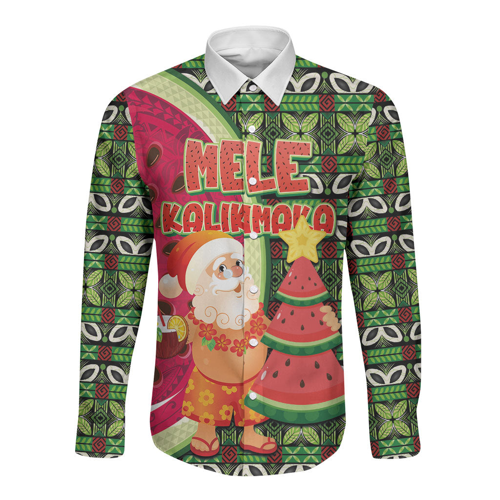 Hawaii Watermelon Mele Kalikimaka Long Sleeve Button Shirt Tribal Pacific Pattern with Tropical Funny Santa Claus