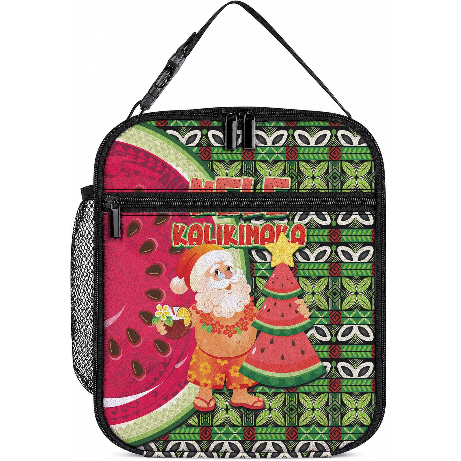 Hawaii Watermelon Mele Kalikimaka Lunch Bag Tribal Pacific Pattern with Tropical Funny Santa Claus LT03 10.2 × 8.3 × 4.3 inch Multicolor - Polynesian Pride