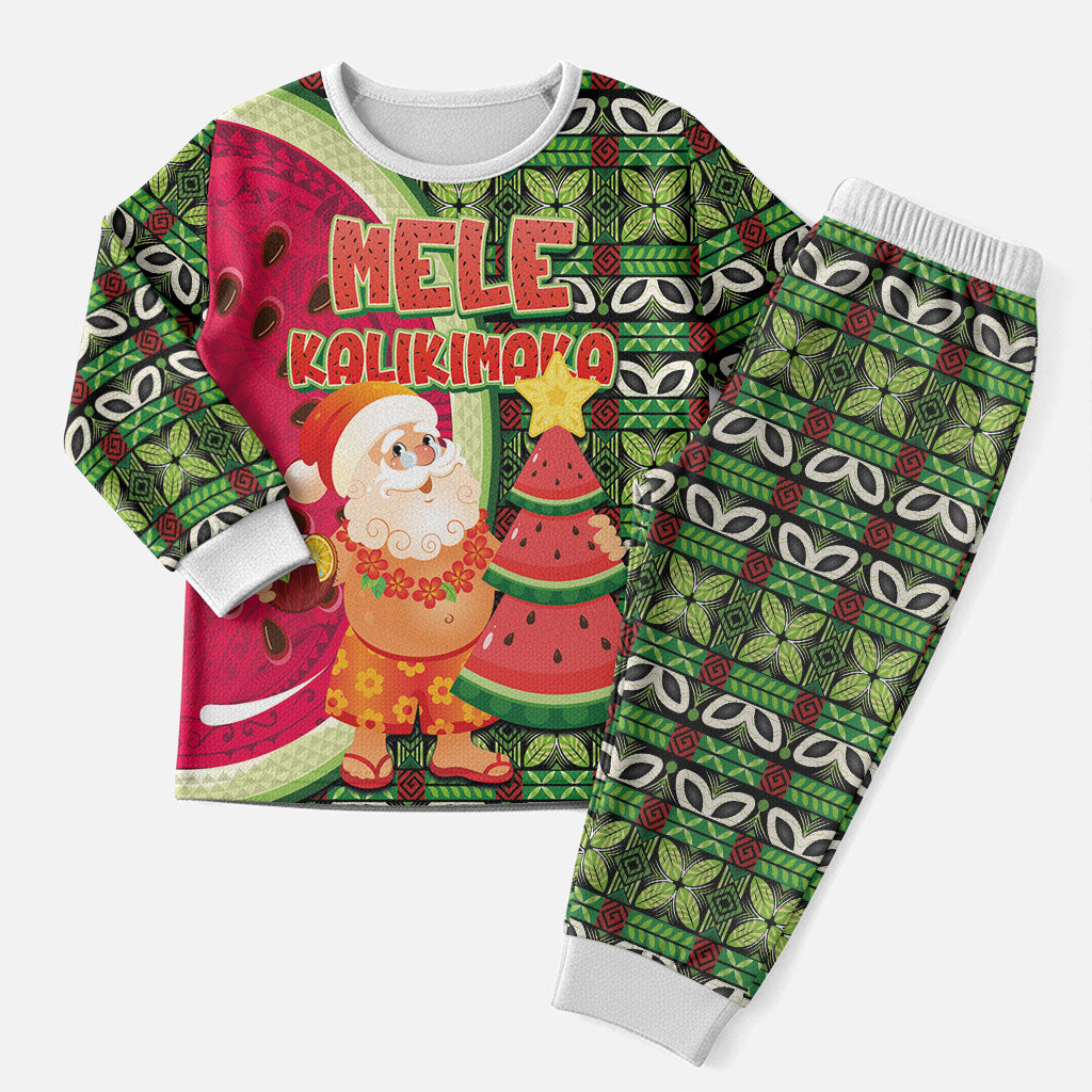 Hawaii Watermelon Mele Kalikimaka Christmas Pajama Set Tribal Pacific Pattern with Tropical Funny Santa Claus
