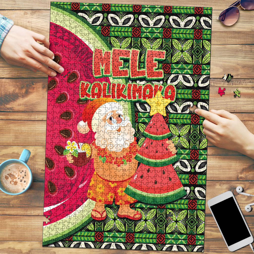 Hawaii Watermelon Mele Kalikimaka Puzzle Tribal Pacific Pattern with Tropical Funny Santa Claus