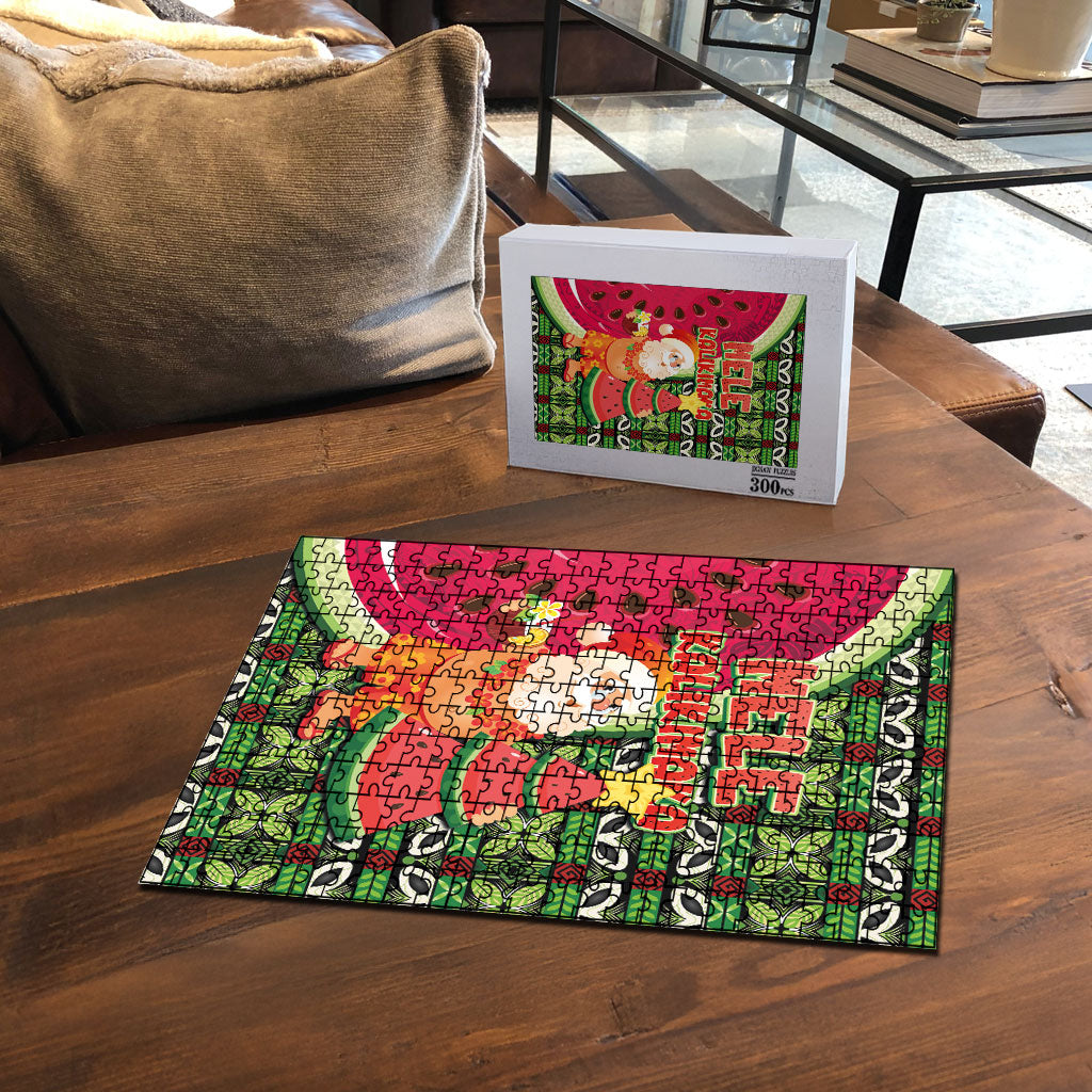 Hawaii Watermelon Mele Kalikimaka Puzzle Tribal Pacific Pattern with Tropical Funny Santa Claus LT03 - Polynesian Pride