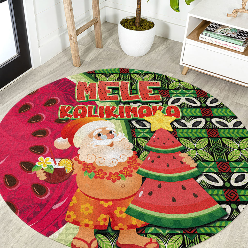 Hawaii Watermelon Mele Kalikimaka Round Carpet Tribal Pacific Pattern with Tropical Funny Santa Claus