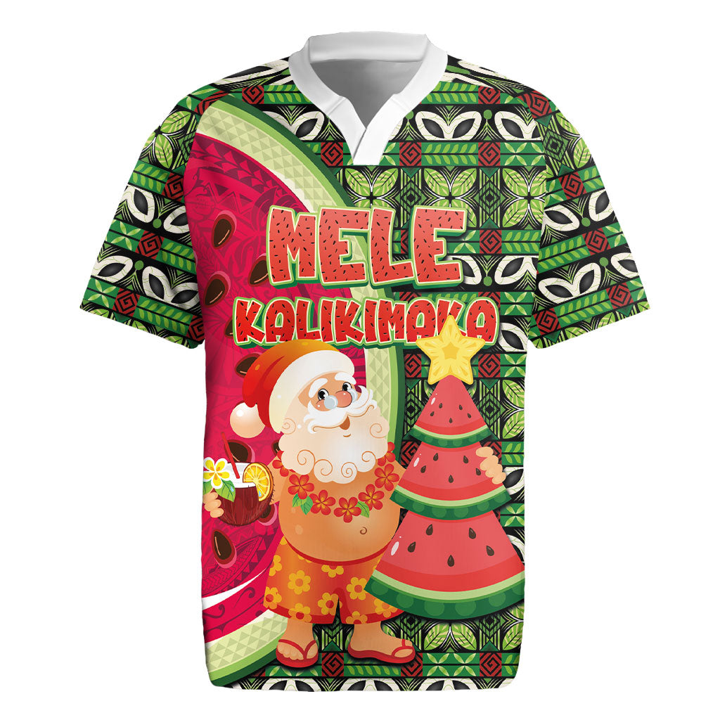 Hawaii Watermelon Mele Kalikimaka Rugby Jersey Tribal Pacific Pattern with Tropical Funny Santa Claus LT03 Multicolor - Polynesian Pride