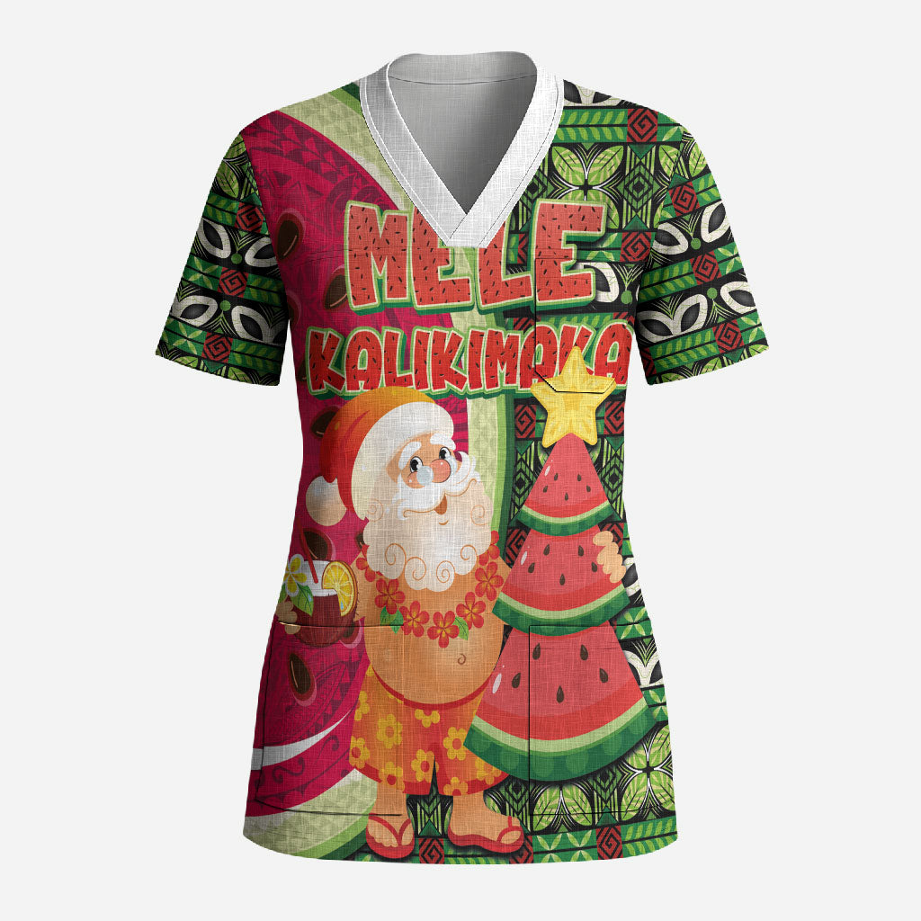 Hawaii Watermelon Mele Kalikimaka Scrub Top Tribal Pacific Pattern with Tropical Funny Santa Claus
