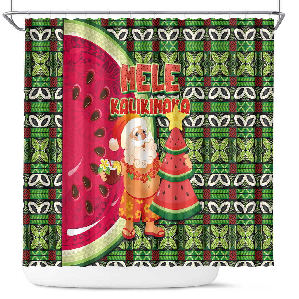 Hawaii Watermelon Mele Kalikimaka Shower Curtain Tribal Pacific Pattern with Tropical Funny Santa Claus LT03 Multicolor - Polynesian Pride