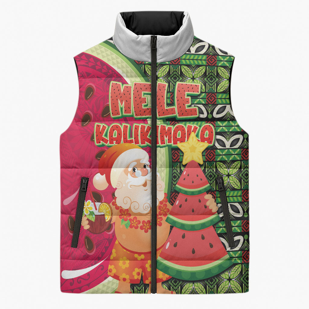 Hawaii Watermelon Mele Kalikimaka Sleeveless Puffer Jacket Tribal Pacific Pattern with Tropical Funny Santa Claus LT03 Unisex Multicolor - Polynesian Pride