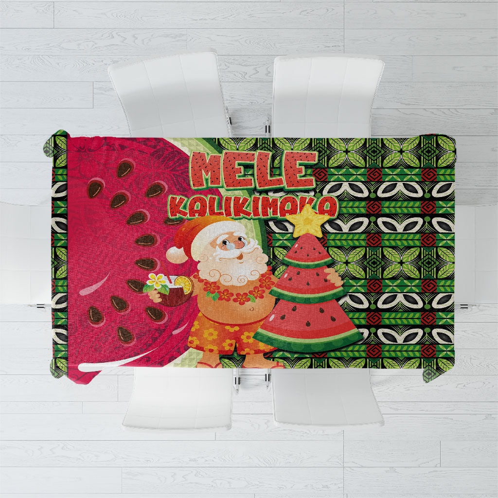 Hawaii Watermelon Mele Kalikimaka Tablecloth Tribal Pacific Pattern with Tropical Funny Santa Claus
