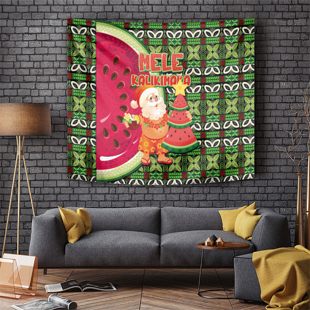 Hawaii Watermelon Mele Kalikimaka Tapestry Tribal Pacific Pattern with Tropical Funny Santa Claus