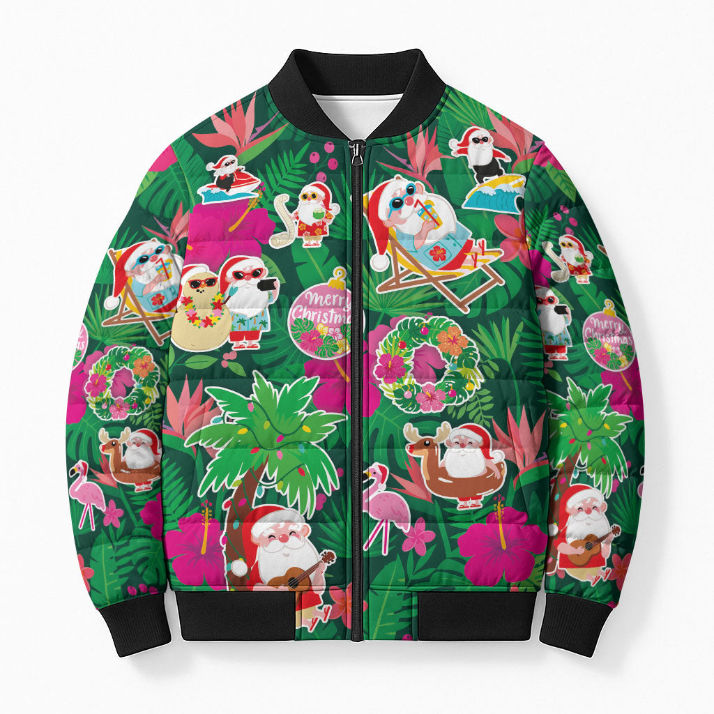 Hawaii Mele Kalikimaka Bomber Puffer Jacket Tropical Plants with Santa Claus