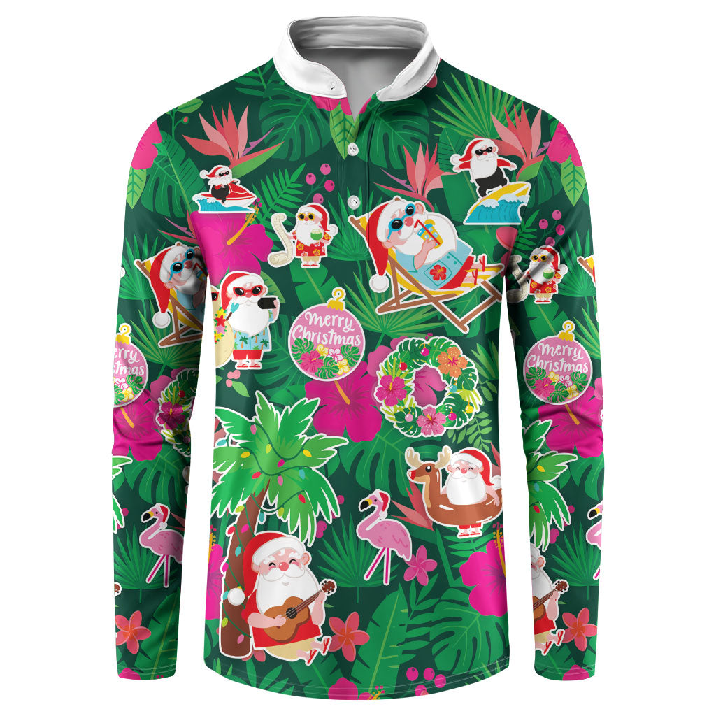 Hawaii Mele Kalikimaka Button Sweatshirt Tropical Plants with Santa Claus
