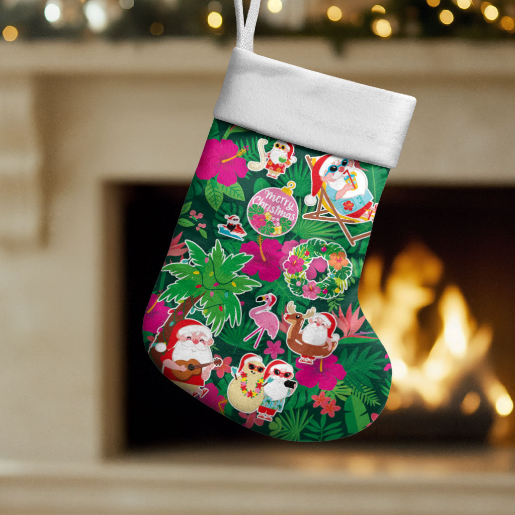 Hawaii Mele Kalikimaka Christmas Stocking Tropical Plants with Santa Claus