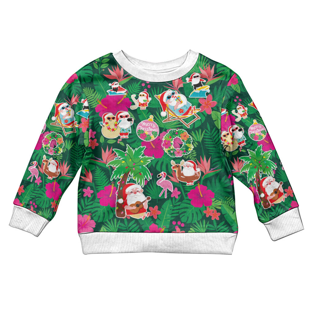 Hawaii Mele Kalikimaka Kid Ugly Christmas Sweater Tropical Plants with Santa Claus