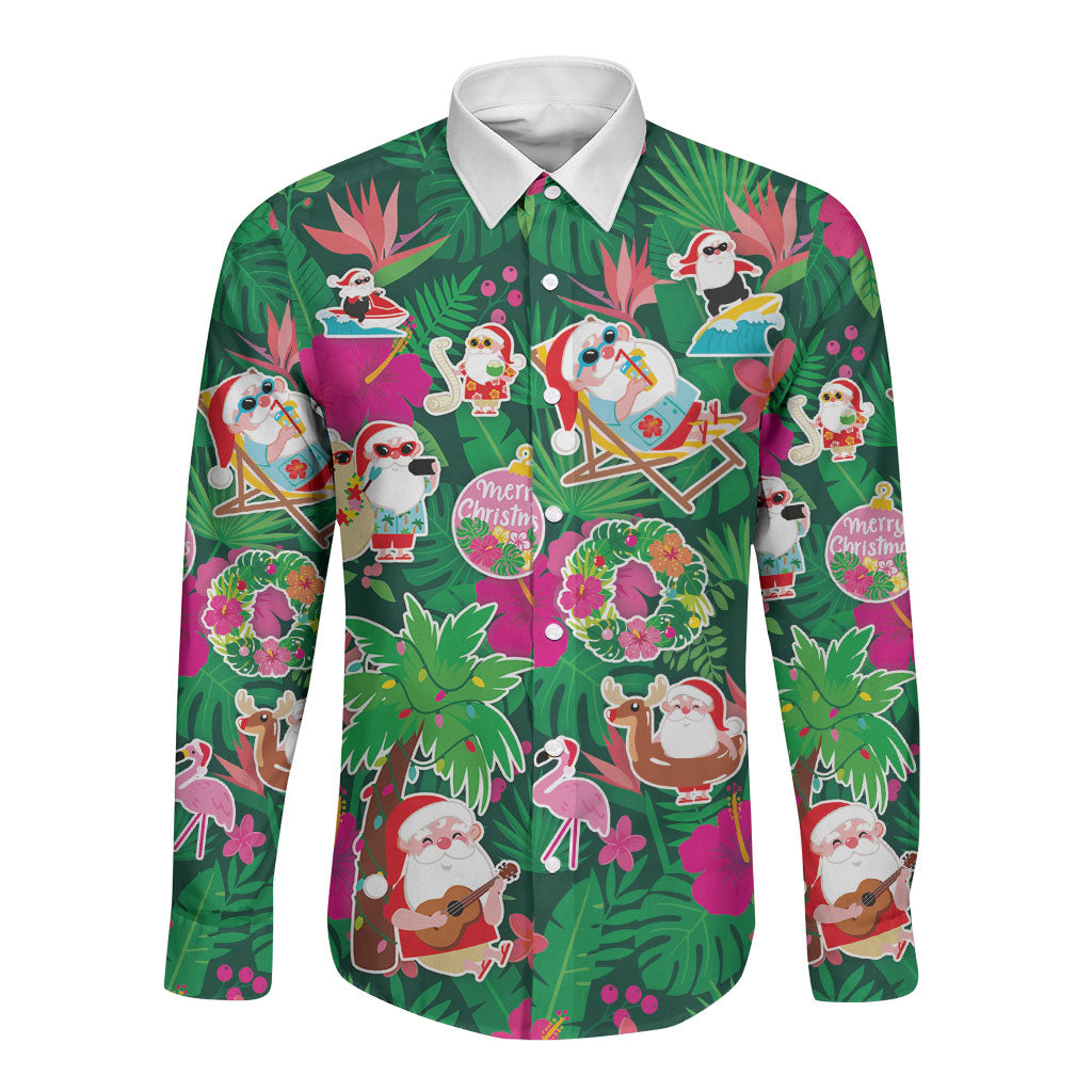 Hawaii Mele Kalikimaka Long Sleeve Button Shirt Tropical Plants with Santa Claus
