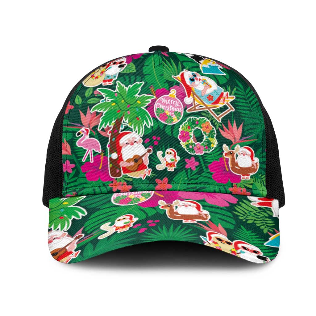 Hawaii Mele Kalikimaka Mesh Trucker Cap Tropical Plants with Santa Claus LT03 One Size Black Multicolor - Polynesian Pride